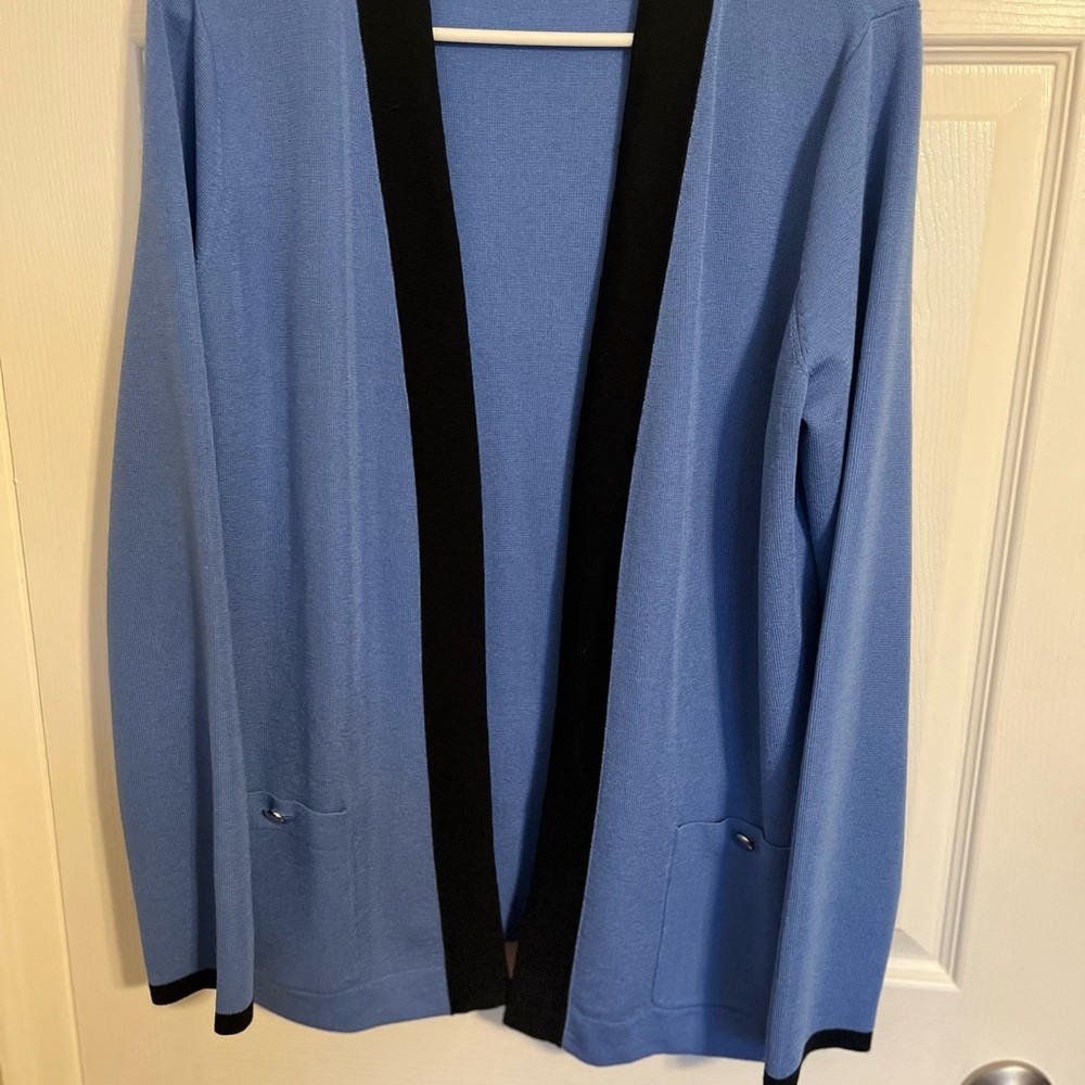 Jones New York Blue Knit Cardigan with Black Trim